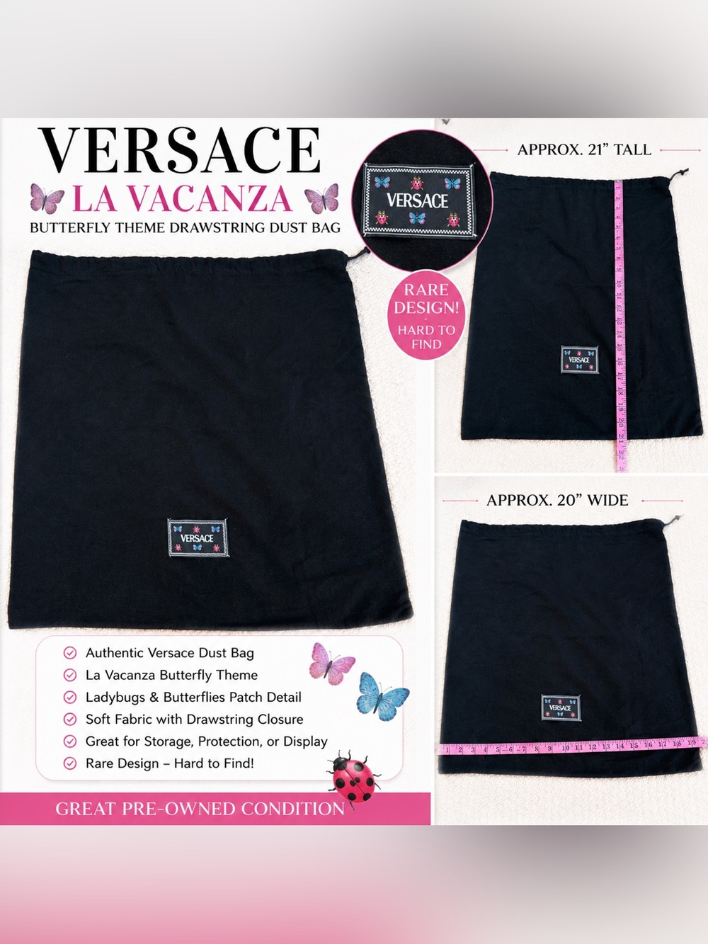 Versace La Vacanza Lrg Butterfly & Ladybug Drawstring Dust Bag  – Rare Design✨✨